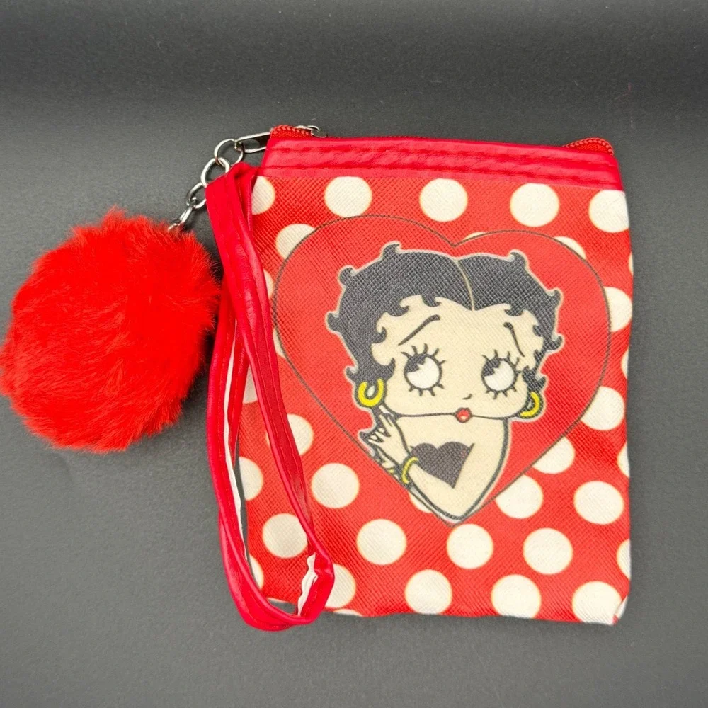 Betty Boop Red White Polka Dot Coin Purse Wallet Pouch with Red Pom Pom Charm - Picture 1 of 2